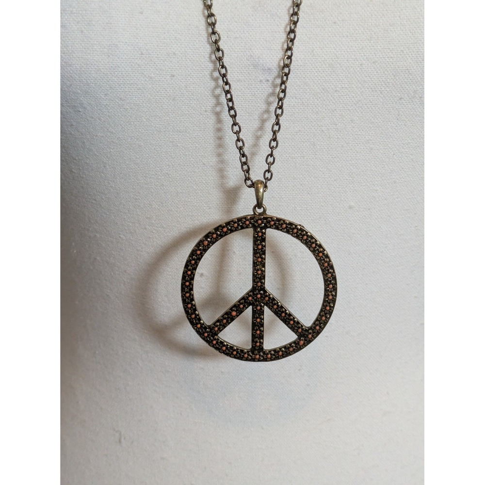 Long Boho Peace Symbol Pendant Necklace Layering Stackable Artisan Florals 30"